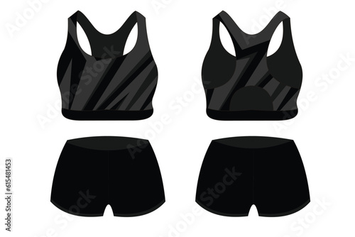 Sport Bra Apparel Specification, front and back view Basic Color Black Standard Uniform and orange template for design. Vector illustration