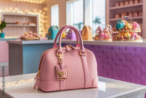 Luxury glamour woman`s handbag in the store. Super photo realistic background, generative ai illustration.