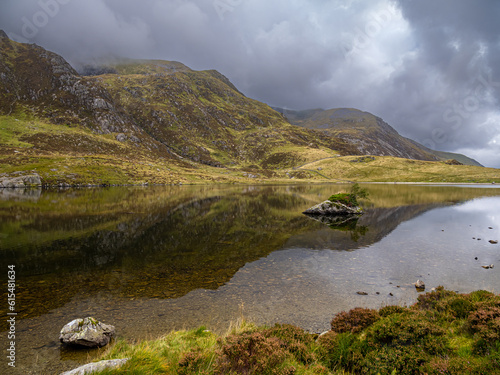 Llyn Idwal in Cwm Idwal National Nature Reserve, Wales.  Llyn Idwal is situated in a hollow beneath steep cliffs in the northern part of the Snowdonia National Park. 