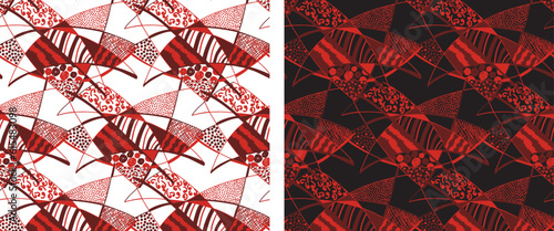 Red Hand drawn, Pattern in Pattern, Dynamic Geometric Vector Seamless Repeating Pattern 