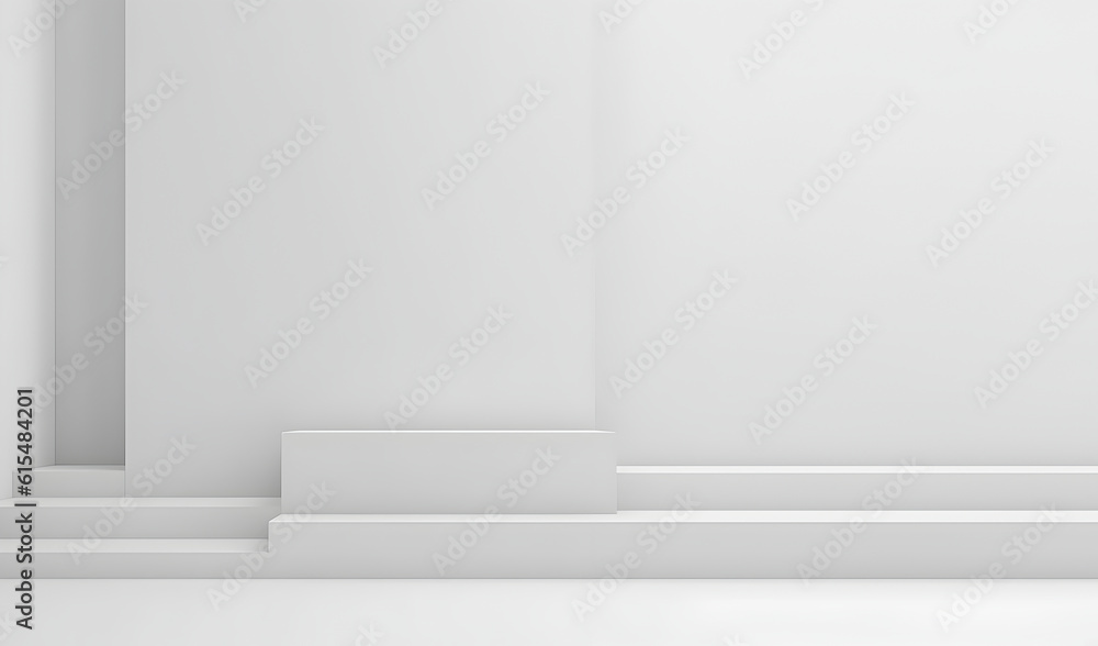 Fototapeta premium Creative interior concept. Large empty white minimalist geometric beams wall room with natural shadow. Banner template for product presentation. Mock up 3D rendering living, office, gallery 