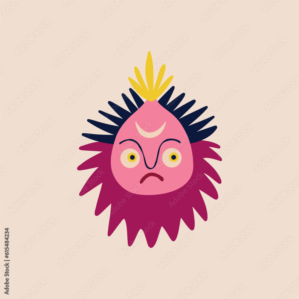 Funny bizarre Demon with a trident. Illustration in modern childish hand drawn style Funny bizarre Demon with a trident. Illustration in modern childish hand drawn style