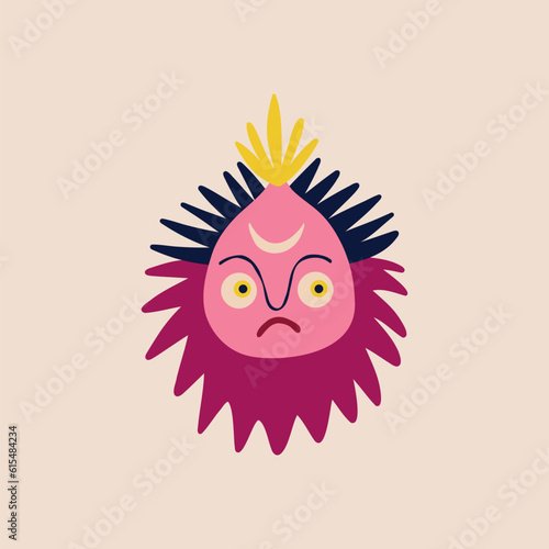 Funny bizarre Demon with a trident. Illustration in modern childish hand drawn style