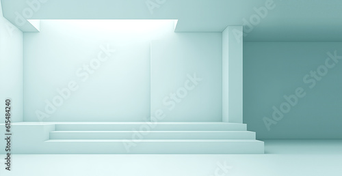 Creative interior concept. Large empty pastel aqua turquoise minimalist geometric beams wall room with natural shadow. Banner template for product presentation. Mock up 3D rendering living  gallery  