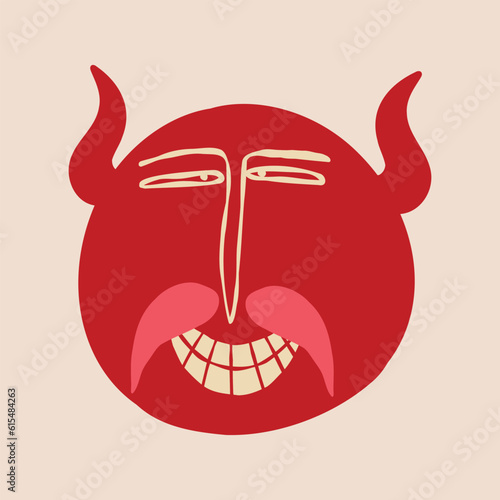 Quirky strange Demon head with horns and funny surprised face. Illustration in a fashionable flat style for Halloween