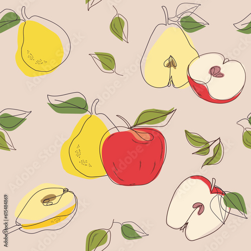 Fototapeta Naklejka Na Ścianę i Meble -  Pears and apples. Fruit seamless pattern background. Hand drawn line vector illustration.