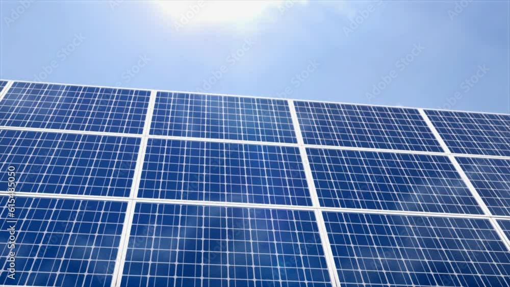 4K video of solar panels generating electricity with sunlight, technology, and clean energy animation on blue sky 4K video of solar panels generating electricity with sunlight, technology, and clean energy animation on blue sky