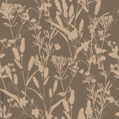 Meadow wild flowers silhouettes on a dark background. Vector seamless pattern.