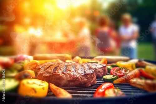 Illustration of people grilling and socializing around a barbecue in a backyard Fototapet