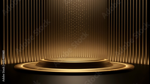 Podium stage for product presentation. Elegant golden shape pattern. Luxury podium stage.