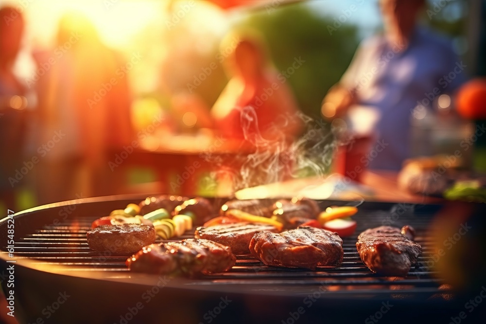Illustration of a sizzling grill with a variety of meats and vegetables cooking on it created with Generative AI technology