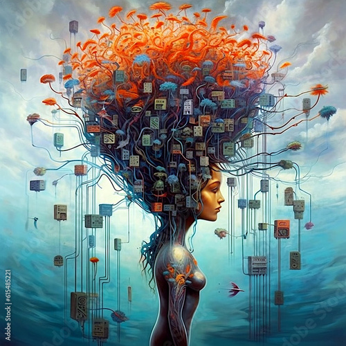 Surreal picture, fantasy. Brain, neuron connections in the brain, thoughts and dreams, feelings and emotions. AI illustration, digital fantasy, Generative AI