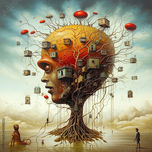 Surreal picture, fantasy. Brain, neuron connections in the brain, thoughts and dreams, feelings and emotions. AI illustration, digital fantasy, Generative AI