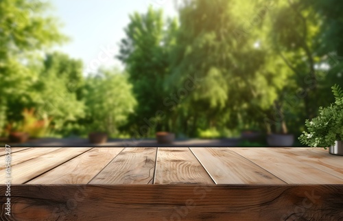 Wooden table blurred green nature garden background