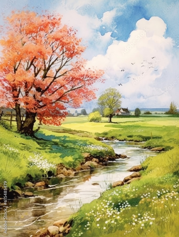 Spring watercolor landscape depicting trees and a stream Spring watercolor landscape depicting trees and a stream