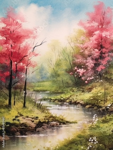 Spring watercolor landscape depicting trees and a stream
