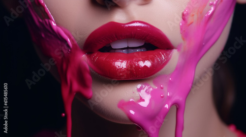 Batom rosa pingando. A tinta pinga dos lábios, o brilho labial escorre dos lábios sensuais, o líquido roxo cai em lindos photo