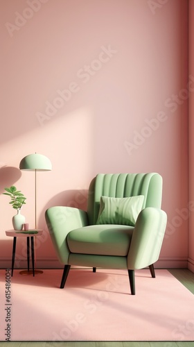 Minimalist Pink Bedroom with a Green Armchair Rug © Jardel Bassi