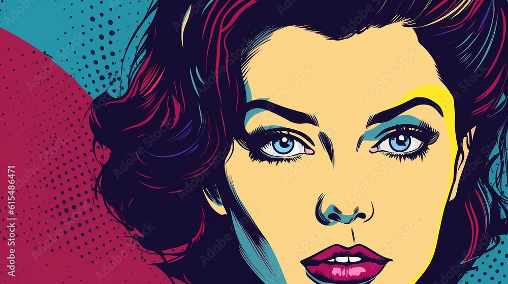 Pop art rosto de mulher jovem e sexy. Vector fundo colorido em estilo cômico retrô pop art. Banner, cartão, convite e impressão Pop art rosto de mulher jovem e sexy. Vector fundo colorido em estilo cômico retrô pop art. Banner, cartão, convite e impressão
