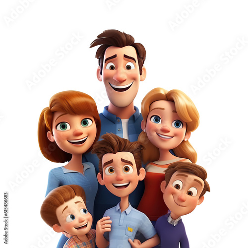 Happy cartoon family with father, mother, daughter and son. Cartoon clipart character on transparent background. Generative AI