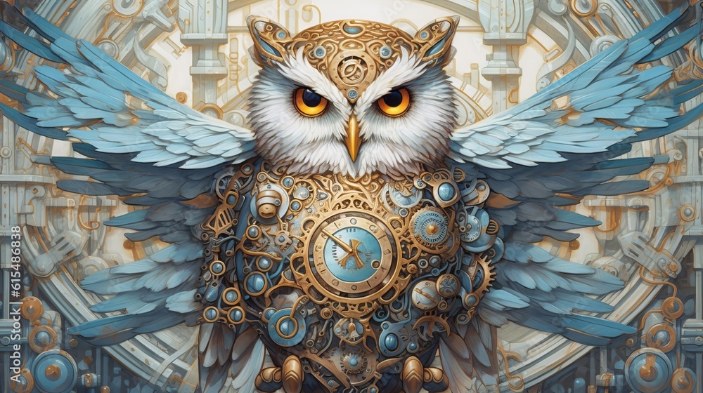 Fototapeta premium Gilded Owl: A Majestic Fusion of Gold and Gears