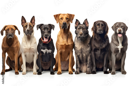 group of dogs standing upright and looking attentively at the camera isolated on white background ai generated art