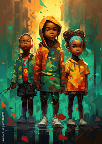 Dramatic Illustration of African American children with colorful background elements. Black History Is American History.