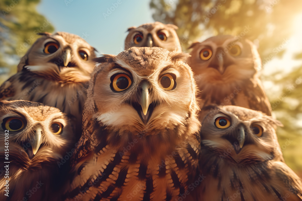 group of funny Owl making selfie standing upright and looking attentively at the camera ai generated art
