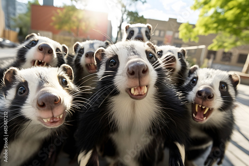 group of funny Skunk making selfie standing upright and looking attentively at the camera ai generated art photo