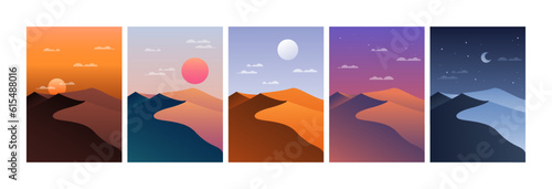 Desert landscape in different day time. Nature posters sand hills with sun moon, morning sunrise noon night sunset. Vector set
