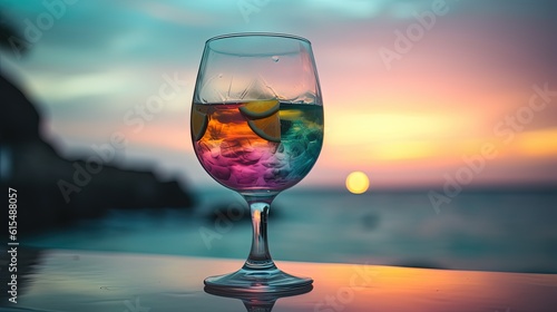Colorful Cocktail on the table near the sea and sunset.  ai generative © YuDwi Studio
