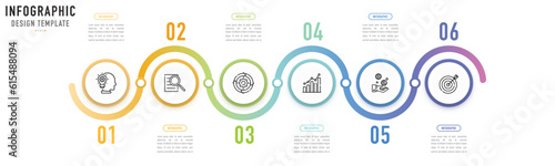Circular curve infographic template or element with 6 step, process, option, colorful circle, button, round, paper origami, number, arrow, minimal style for sale slide, workflow, planner, agenda, web