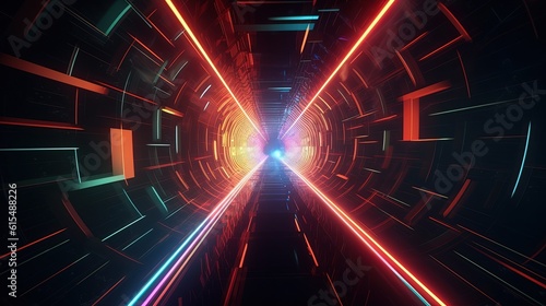 Abstract illustration flight in retro neon hyper warp space in the tunnel 