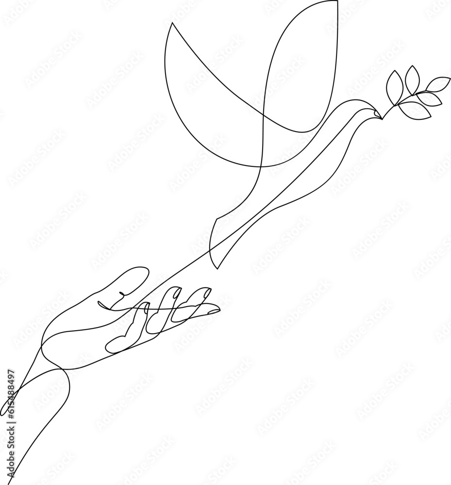 Continuous one line drawing of releasing a dove with olive branch from ...