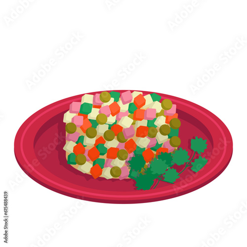 Olivier. Boiled vegetable salad, canned peas, eggs and meat or sausage. Vector graphic.