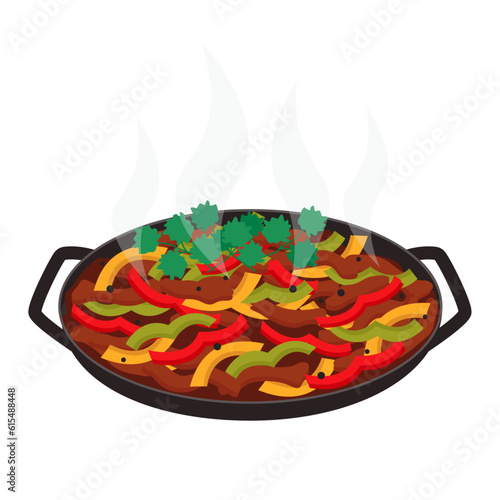 Fajitas. Dish of meat and vegetables, striped on a pan. Vector graphic.