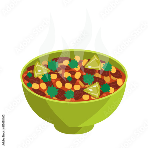 Pozole. Thick soup with meat and corn. Vector graphic.