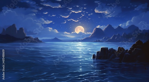The dark ocean sparkled beneath the moonlit sky  captivating the senses with its ethereal beauty.