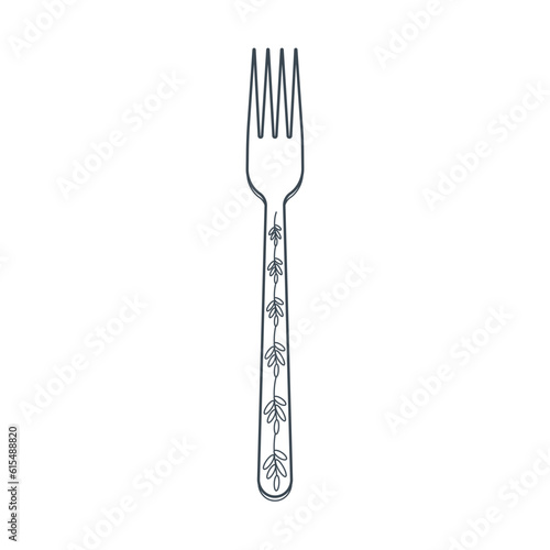Dishes. Table fork with four prongs and a floral ornament on the handle. Line art.