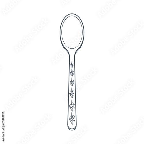 Dishes. A tablespoon with a floral ornament on the handle. Line art.