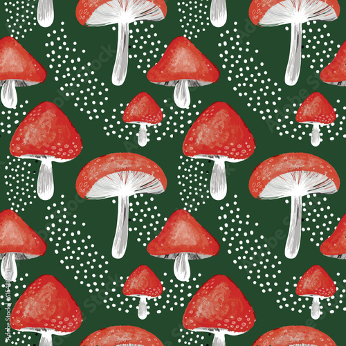 Hand drawn mushroom seamless pattern. Background plant.