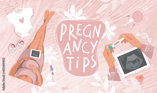 Pregnancy tips. Maternity and childbirth modern banner, positive pregnancy test, ultrasound scan, pregnant woman, vector collage on pink background.