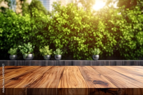 Wooden empty table blurred trees background  product display template