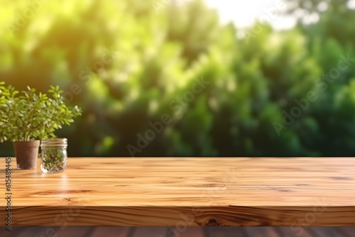 Wooden table blurred green nature garden background