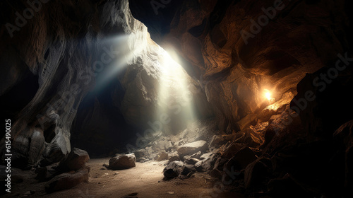 Inside the majestic cave during the early morning hours. Generative AI
