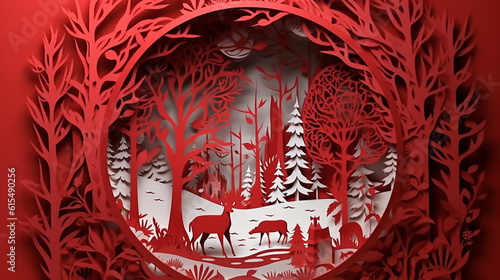 Christmas paper cut art red color. Generative ai.