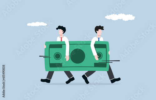 Conflict of co-investors or stakeholders, opposite opinions in investment team, financial problem concept, Businessman and teammate holding same banknote and walking in opposite direction. 