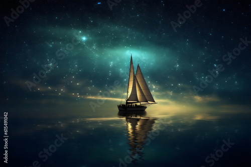 sailboat on water in moonlight with shining stars, magical painting made with generative ai photo