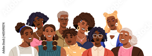 Happy black women, group portrait. Trendy African-American girls of different age together. Modern smiling people, female characters community. Flat vector illustration isolated on white background