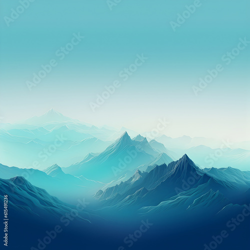 abstract, seamless valley in blue sky and fog, landscape, mountain, in the style of high detailed, dark turquoise and light aquamarine, traditional chinese landscape, soft gradients.